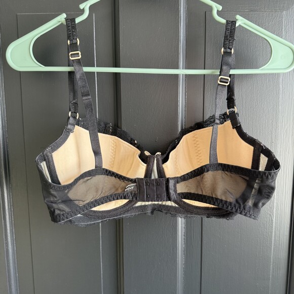 DKNY 34D Black Lace Balconette Plunge Sheer Floral Underwire Bra Lingerie - Picture 9 of 15